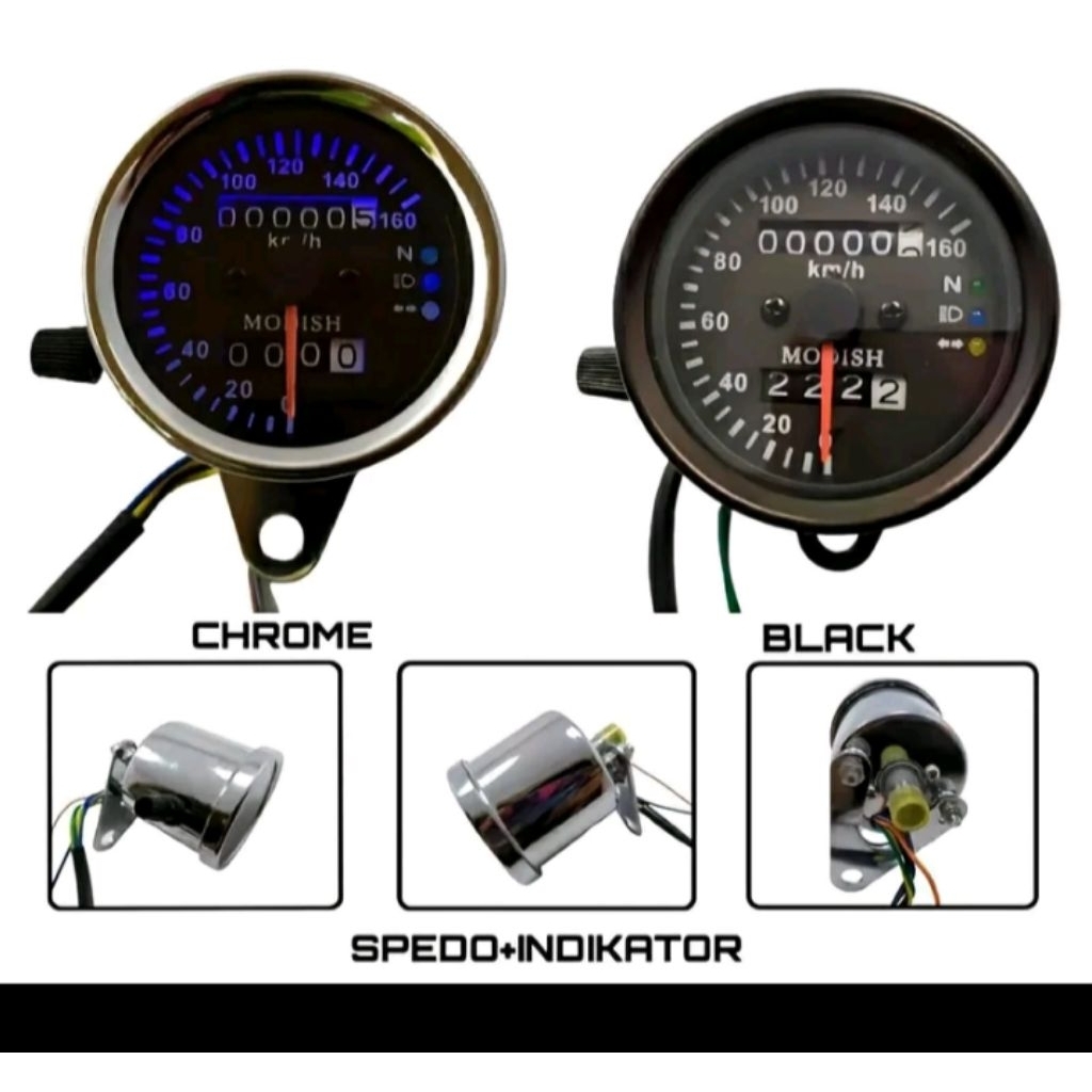 speedometer motor orbis/indikator RPM/kilometer led universal bulat warna chrome dan hitam