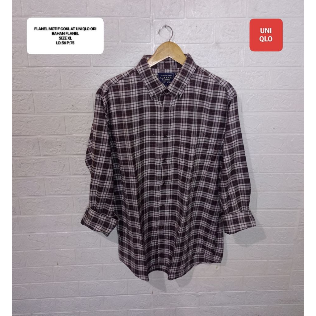 KEMEJA FLANEL MOTIF TARTAN COKLAT UNIQLO ORI SIZE XL