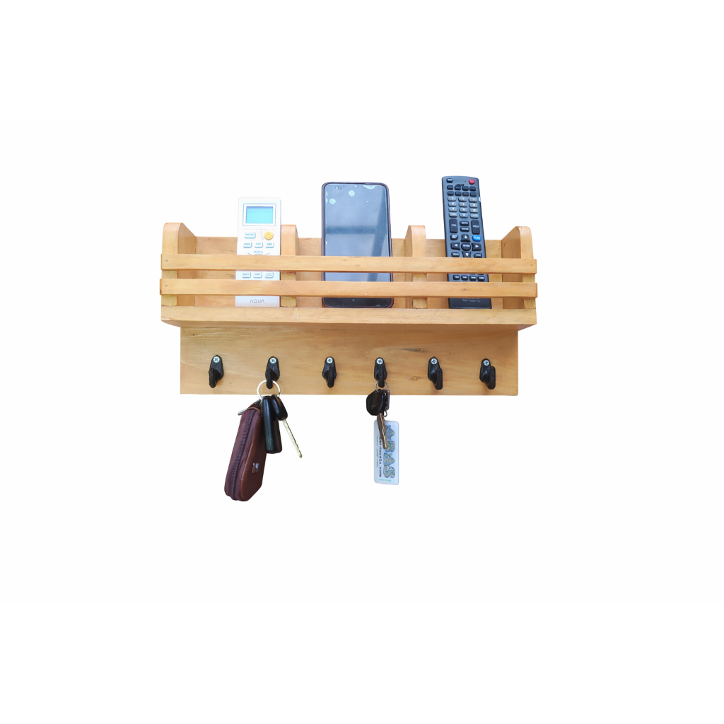 Rak Kunci Dinding Kayu Jati Belanda + Rak HP & Remote | Gantungan Kunci Dinding 6 Hook | Rak Organiz