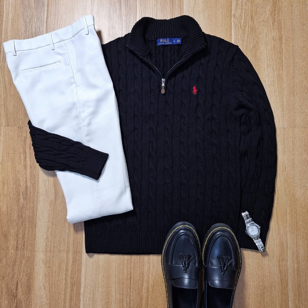 New Cable Knit Quarterzip Sweater Black Ralph Lauren Pria Wanita Cotton Original