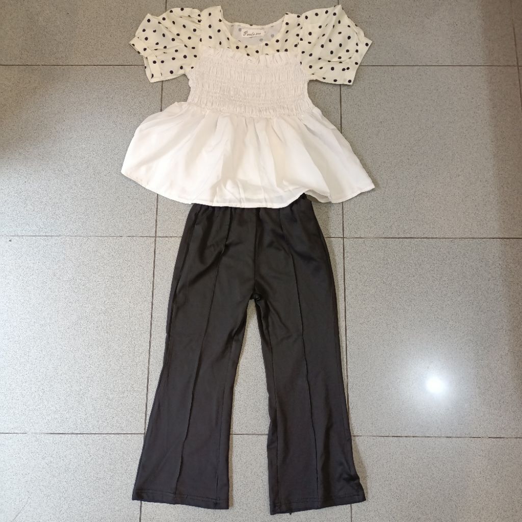 Setelan anak perempuan celana cutbray panjang hitam putih polkadot PRELOVED