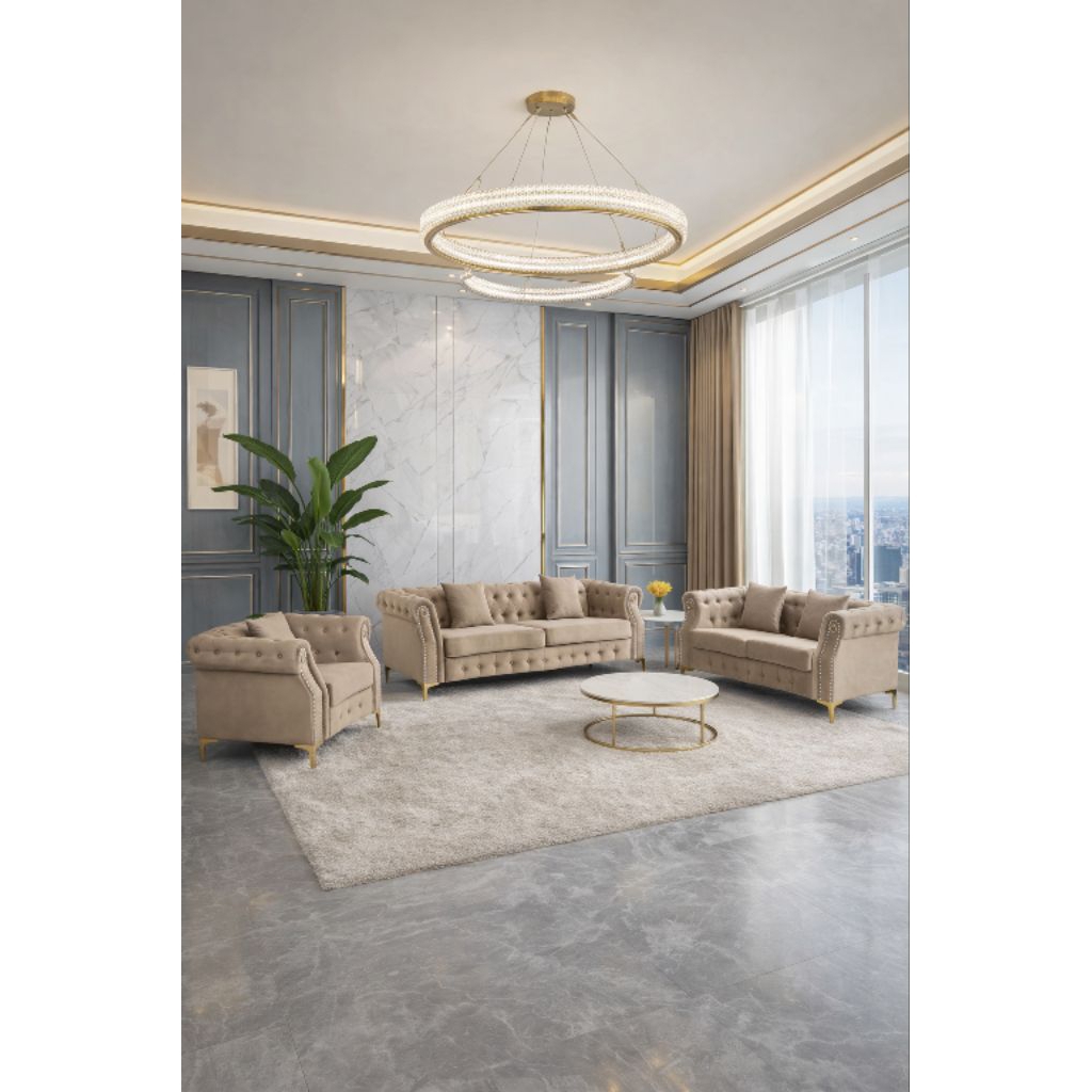 Sofa Tamu Chesterfield Minimalis 321 – Sofa Ruang Tamu Mewah Modern Warna Cream Kaki Gold