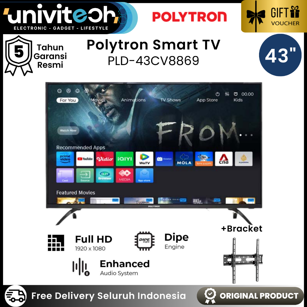 TV LED Polytron Smart TV 43" Wifi HDMI Digital TV DIPE Screen Casting Youtube Browser - PLD 43CV8869
