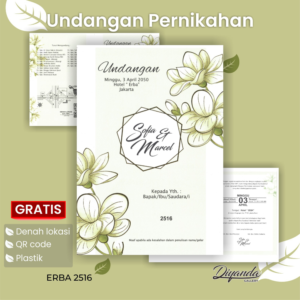 Undangan Pernikahan Minimalis Elegan Hijau putih Floral | Blangko Undangan Nikah Murah | ERBA 2516