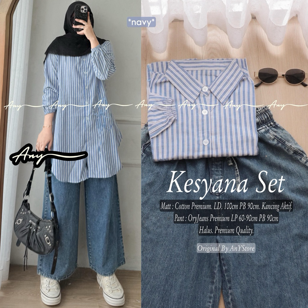 kenia one set wanita kekinian by A.N.Y long tunik garis garis celana jins cutbray celana kulot highw