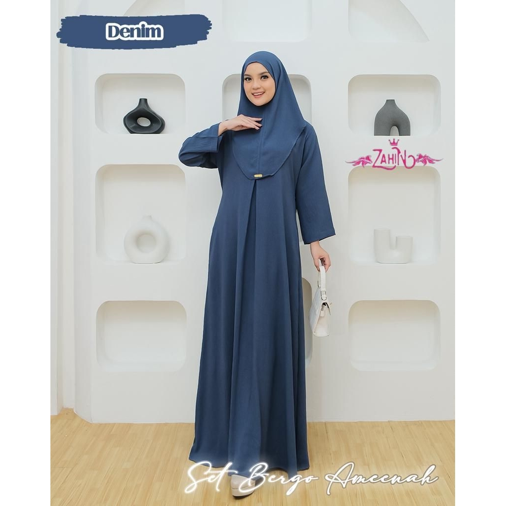 NEW  GAMIS AMEENAH SET BERGO HIJAB LEBIH PANJANG YA BAHAN CRINKLE AIRFLOW PREMIUM ORI BY ZAHIN