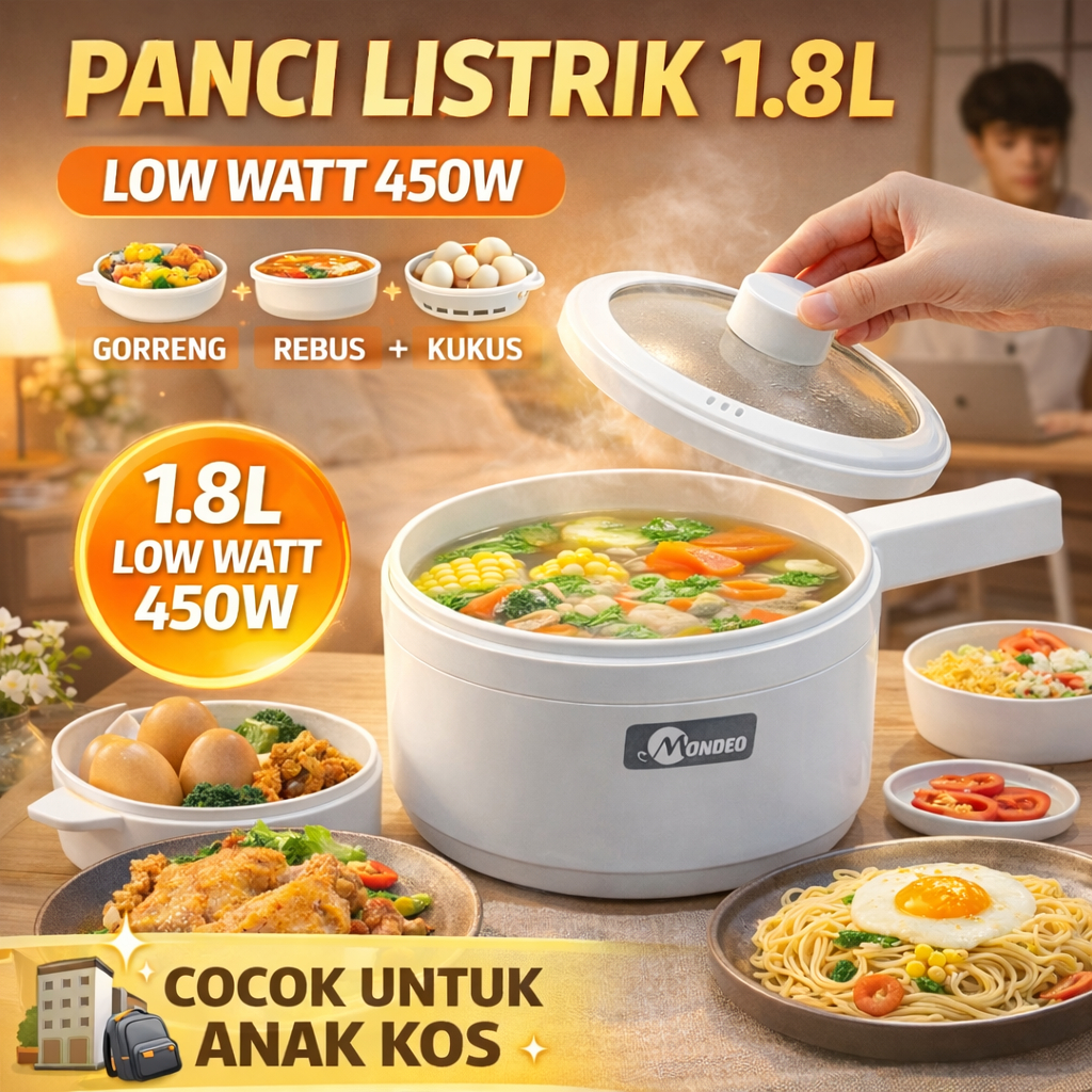 Panci Listrik Multifungsi 1.8 Liter Low Watt 700W – Alat Masak Elektrik Serbaguna untuk Anak Kos