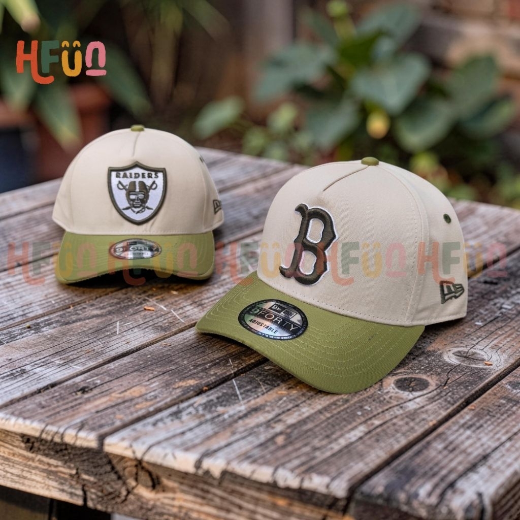 HFun New Era 9FORTY Cap Original A-Frame - Topi Baseball NY LA Raiders Boston Khaki Olive Green - To