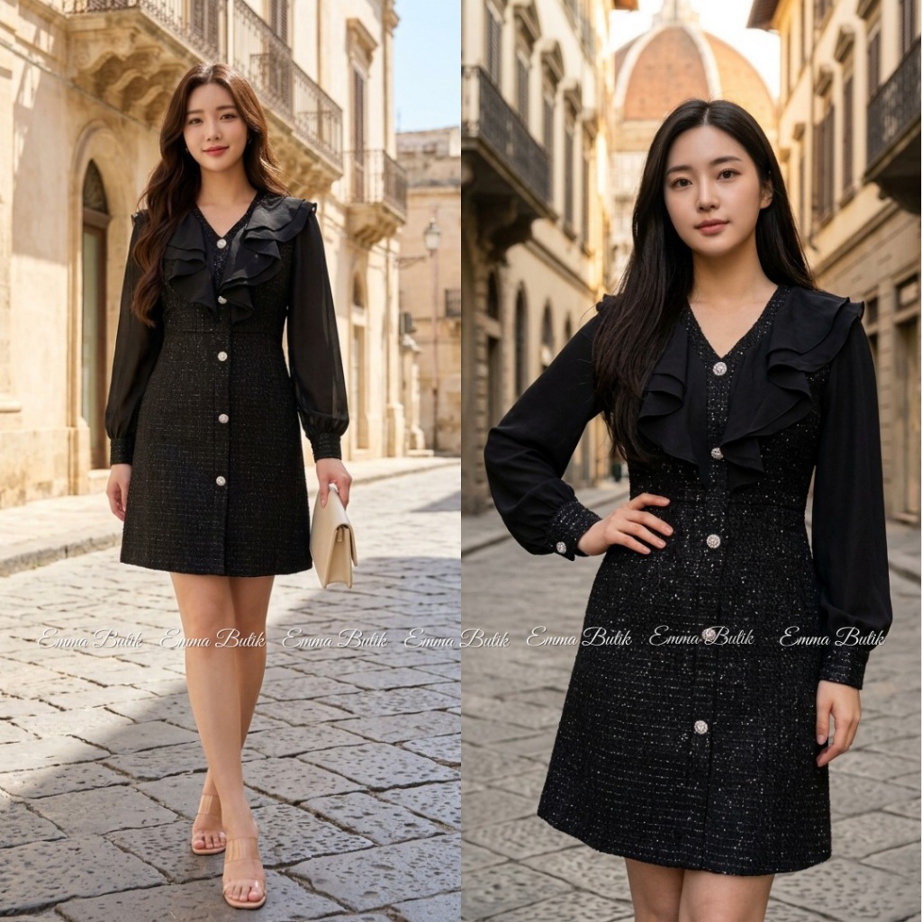 Emma.Butik E00747 Gaun Tweed Pesta Paskah Wanita Dress Kondangan Gereja Lengan Panjang Hitam Pita Fo