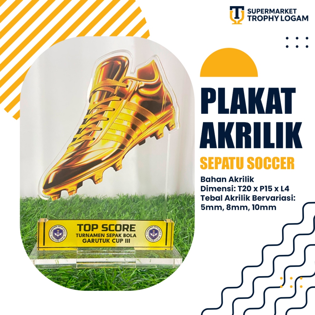 Plakat Akrilik Sepatu Soccer Futsal Print Gold Custom Tulisan dan Logo Tinggi 20cm Tebal Bervariasi 