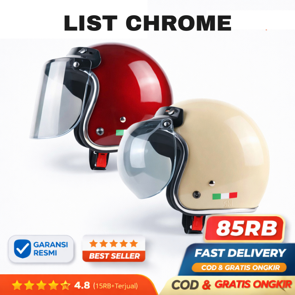 Helm Bogo Carglos List Chrome Premium Dewasa Pria & Wanita Helm Retro Kualitas Bagus SNI