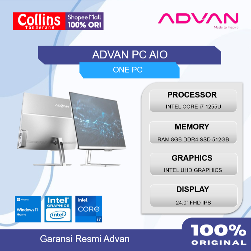 Advan PC AIO ONE PC Intel Core i7 1255U RAM 8GB SSD 512GB W11+OFFICE PRO ORI 23.8FHD SLV Garansi Res