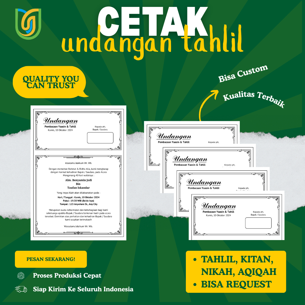 Cetak Undangan Tahlil / Undangan Yasinan / Undangan Tahlilan / Peringatan 40 hari - 100 hari - 1000 