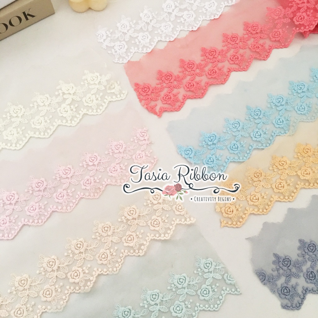 Tasia Ribbon Renda Tile Mawar Double ECER | Renda Tile Mukena/Renda Tulle Bordir