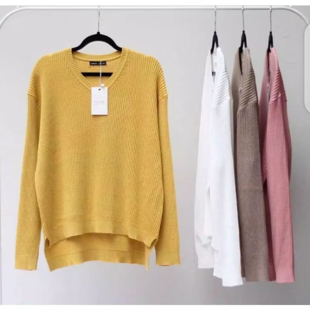 Baju Atasan Rajut Wanita V-Neck Warna Mustard