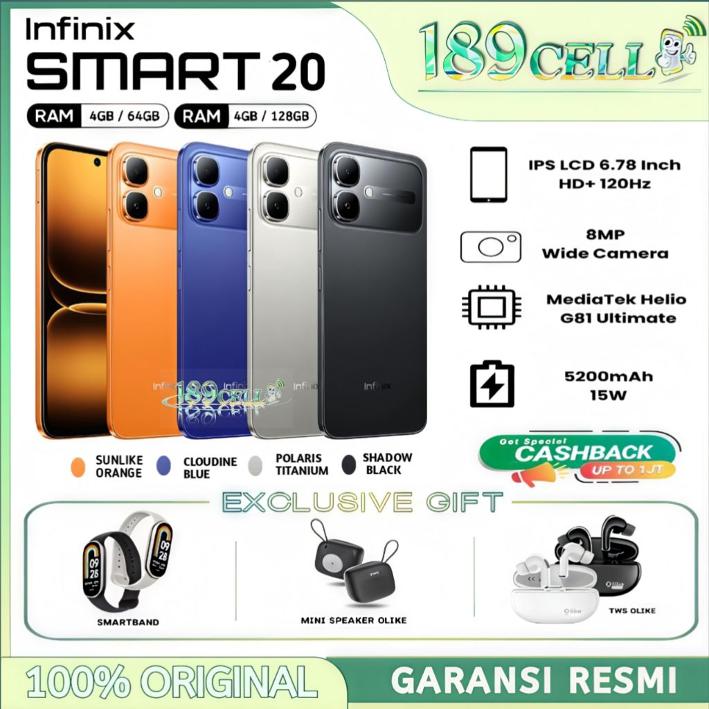 INFINIX SMART 20 RAM [4/64GB] [4/128GB] - MEDIATEK HELIO G81, 8MP CAMERA - SMART20 GARANSI RESMI