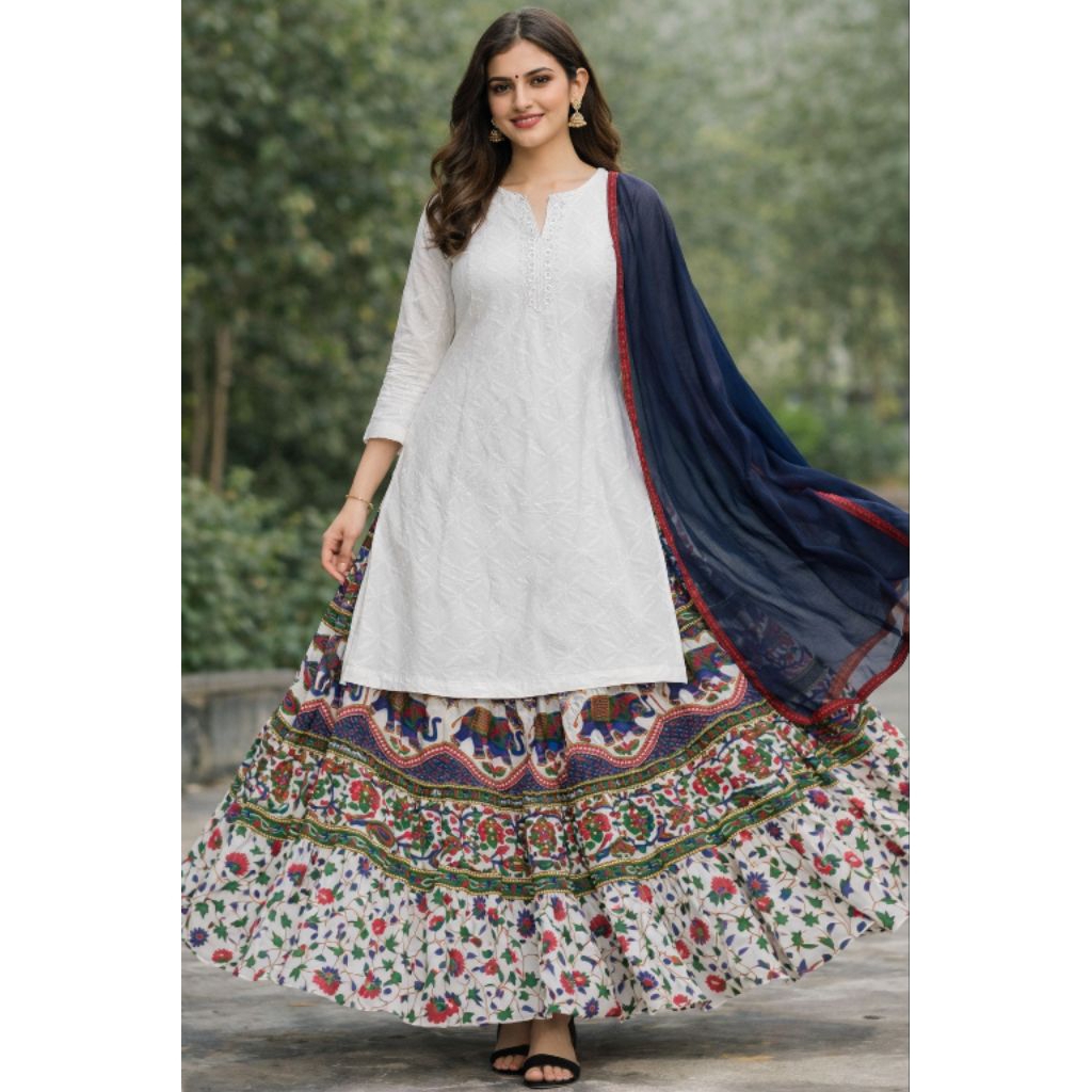 Kurti india putih bordir set rok NEW