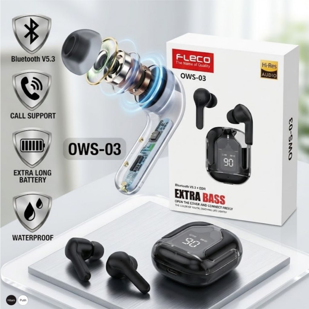 HEADSET BLUETOOTH FLECO TWS OWS-03 | HEADSET BLUETOOTH | SUPERBASS | TERLARIS