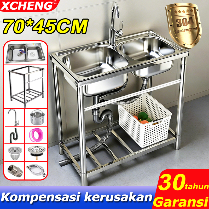 70*45CM Wastafel cuci piring Wastafel sink dapur 2 LUBANG Bak Cuci Piring Portable 304 Stainless Ste