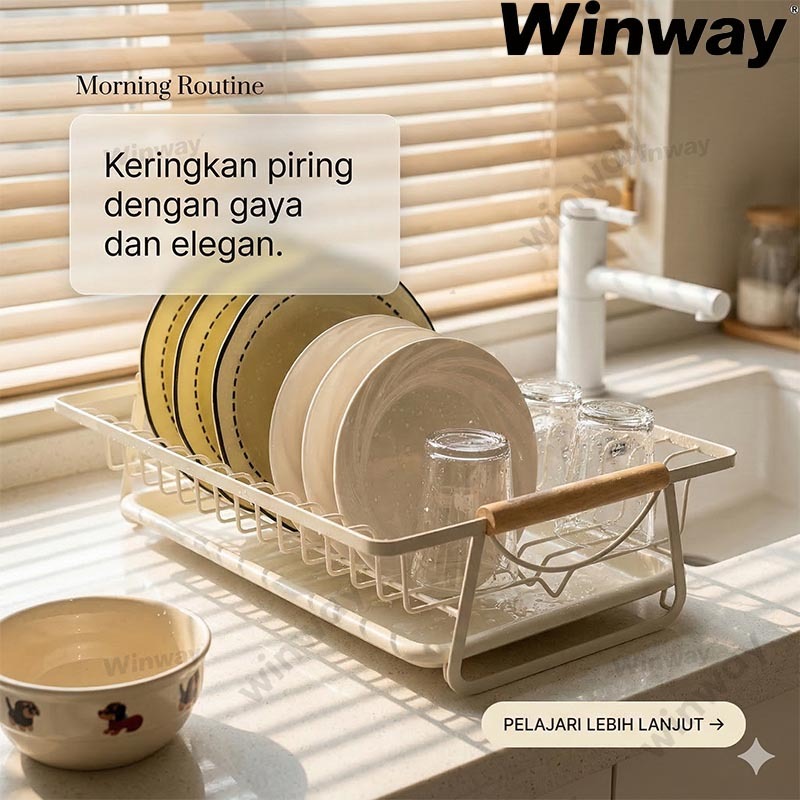 Rak Piring Minimalis Aesthetic Baja Karbon Gagang Kayu Rak Dapur Japandi Putih Anti Karat