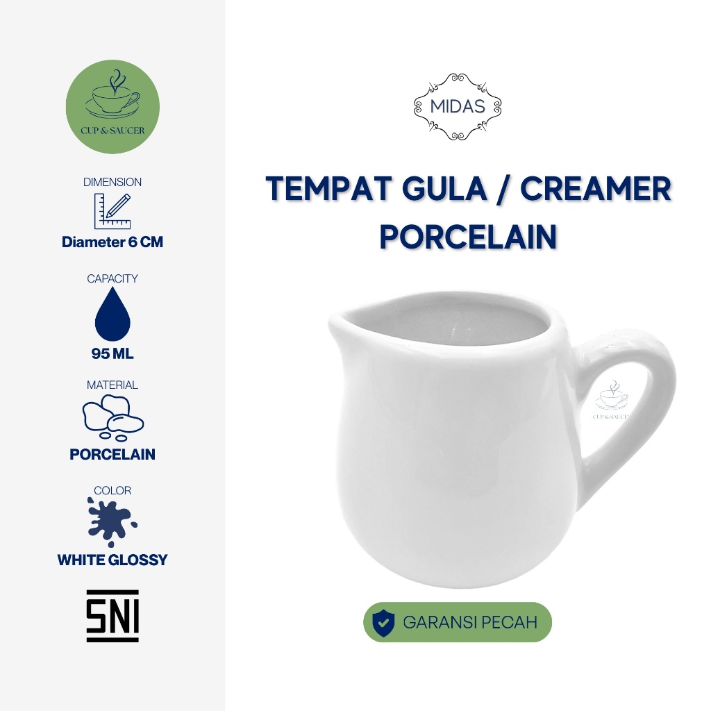 Midas Tempat Gula Cair Creamer Porcelain 95ml Mini Pitcher Keramik Putih Glossy Kilap Teh Kopi Cafe 