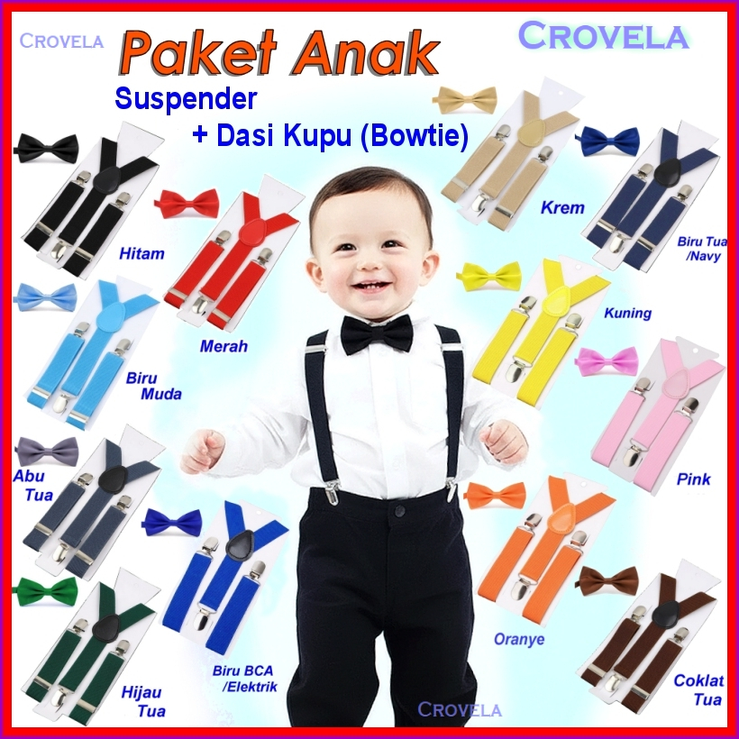 PAKET Suspender Bretel ANAK Dasi Kupu Bowtie Anak2 Balita Laki Hitam Pesta Bayi Wedding Krem Merah C