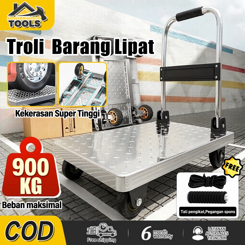 Troli Barang Lipat Portable Hand Truck 900KG 4Roda 3/4Inch Karet Besi Baja untuk Angkut dan Pindah B