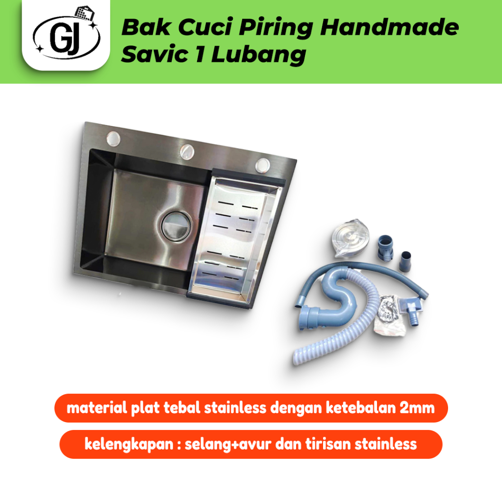 Savic Bak Cuci Piring Premium Stainless Steel 60x45cm Stainless / Black Lengkap Aksesoris