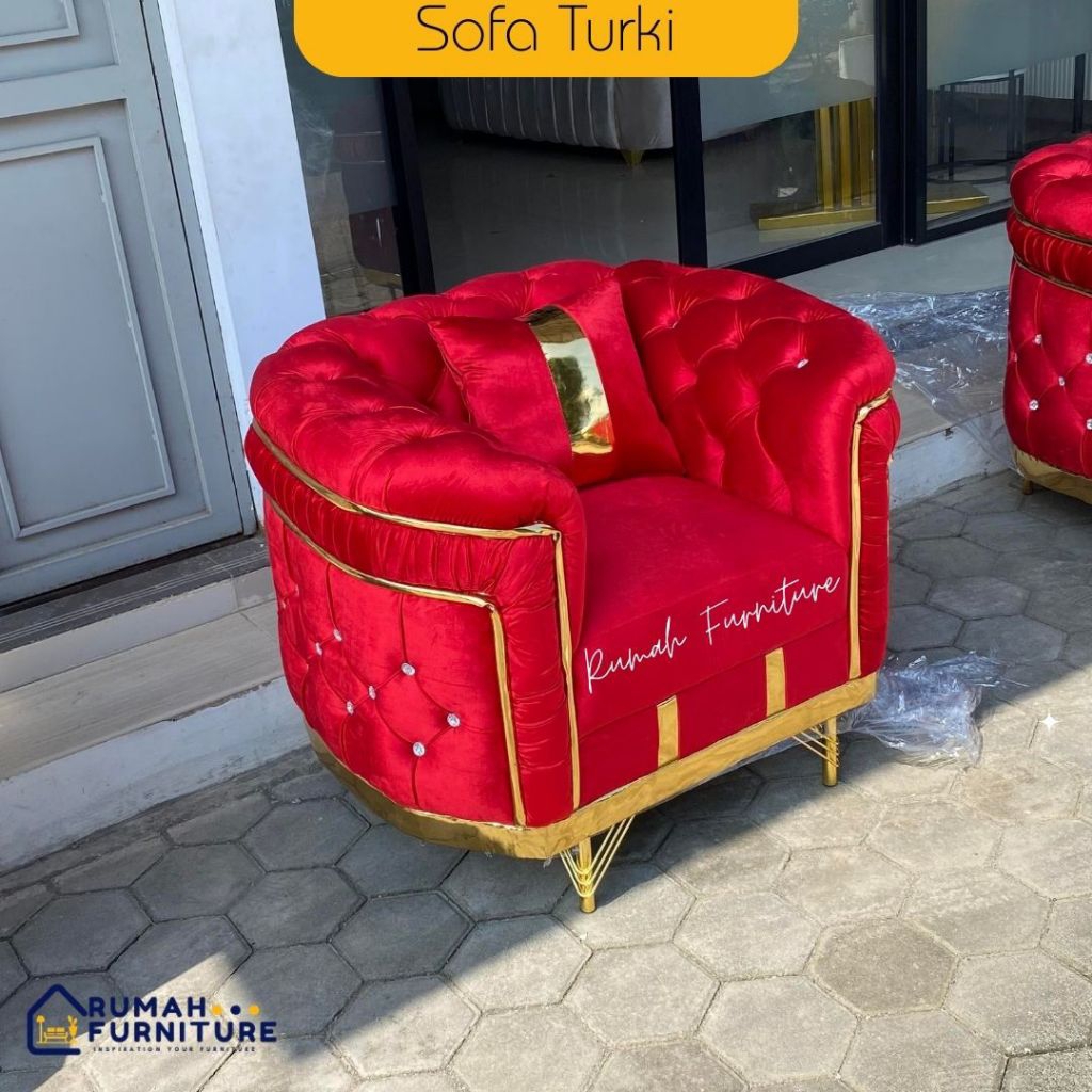 Sofa Turki 1 Seater 967 merah cabai sofa mewah Seribu Kancing