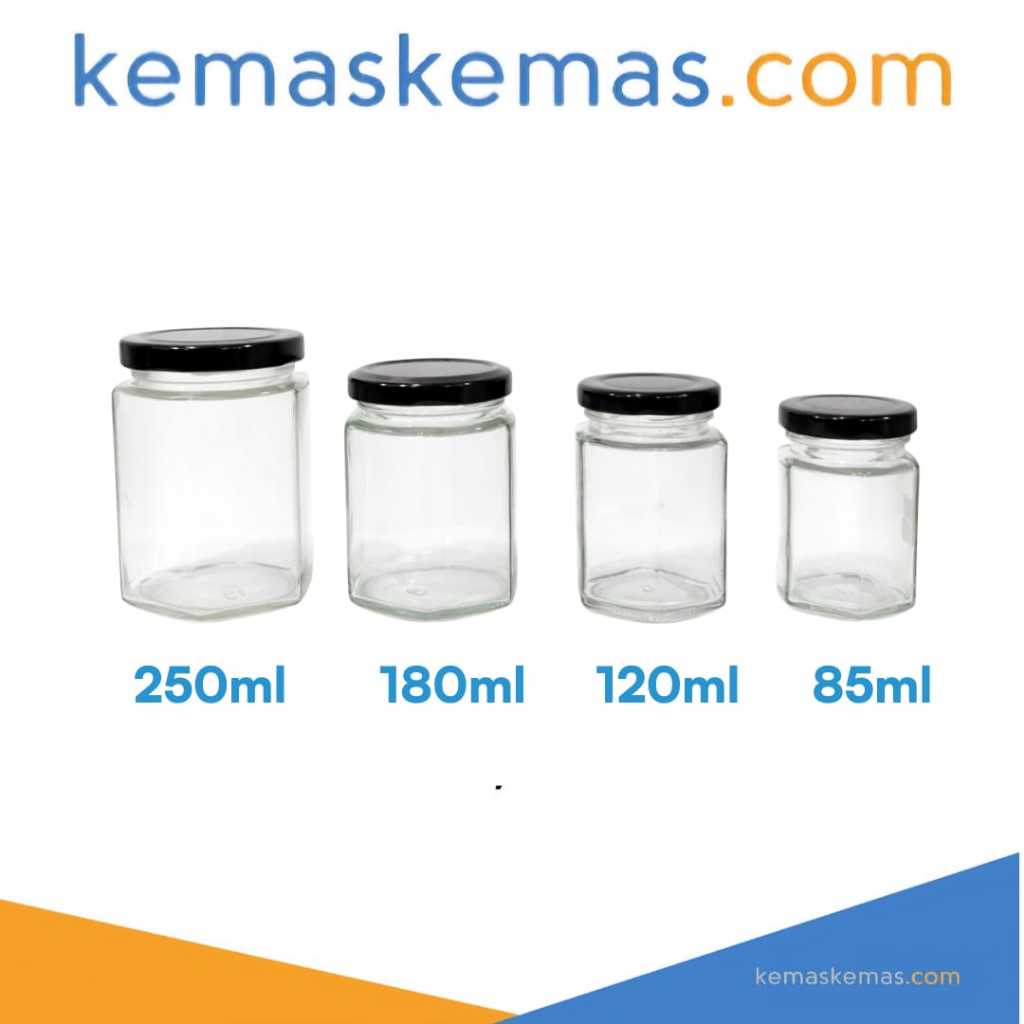 250ml Botol Kaca Hexagon / Toples Jar Kaca Madu segi enam + Tutup