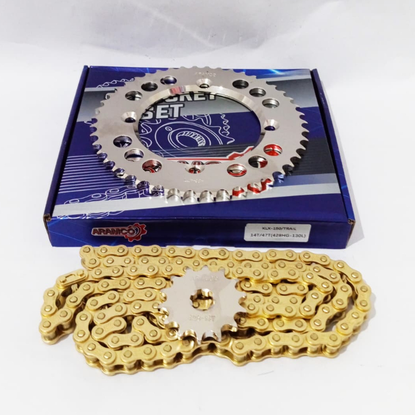 GEAR PAKET BAJA CHROME KLX 150 14/47T (428HG-130L) GIRSET CROM SPROCKET RANTAI GOLD ARAMCO