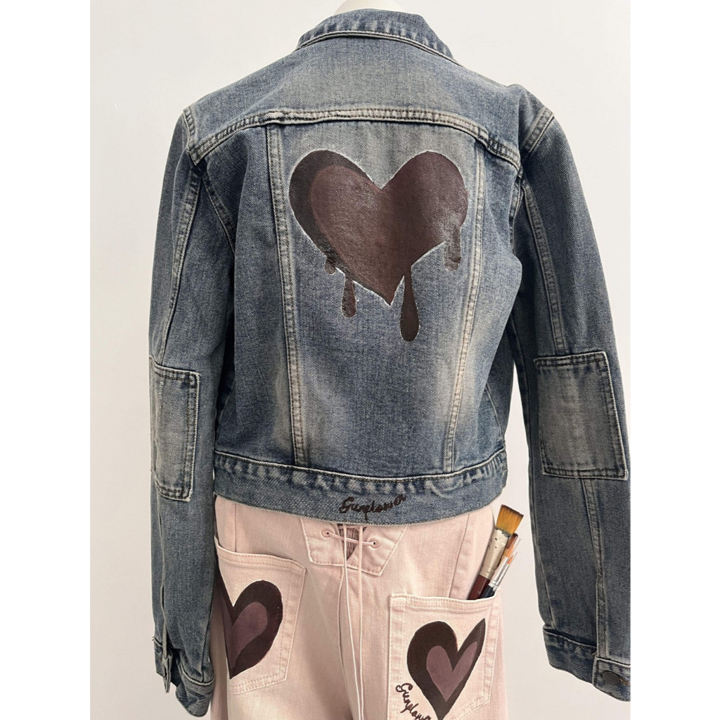 Hand-painted Heart on Denim Jacket | Jaket Denim Jaket Jeans | Reworked Denim Jeans | Reworked Jacke