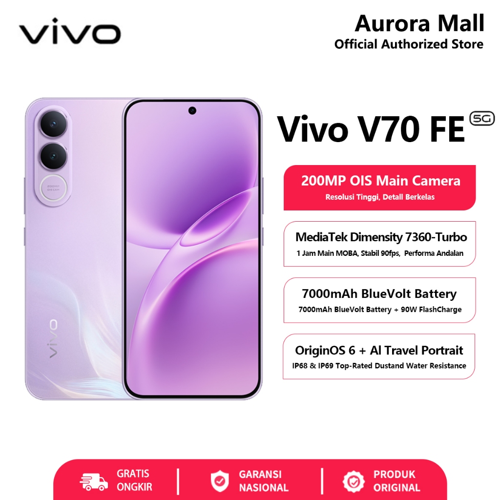 Vivo V70 FE 5G 8/256GB 12/256GB (8GB+8GB Extended RAM) Garansi Resmi HP Android Terbaru 2026 Ori
