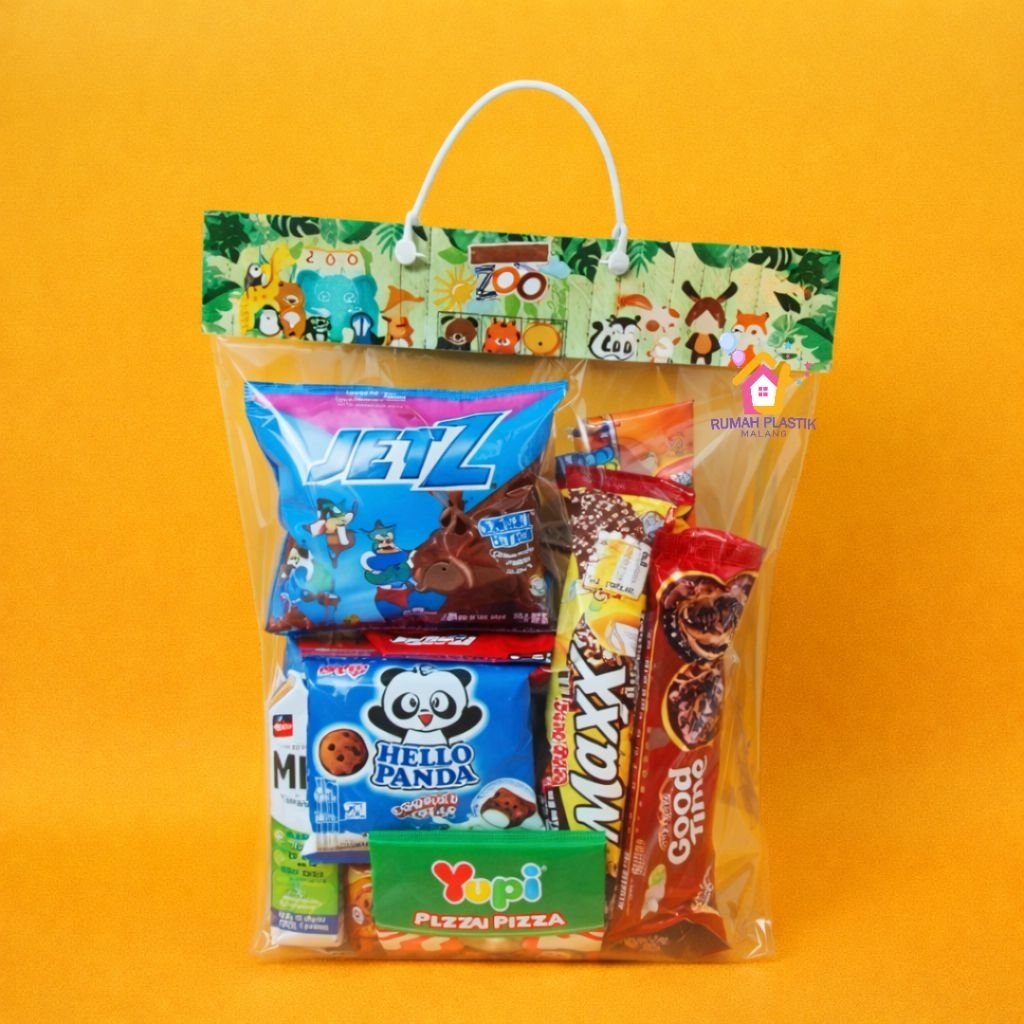 PLASTIK SNACK + LABEL + TALI TENTENG KLIP (tidak termasuk isian snack) plastic bening polos kaca tra