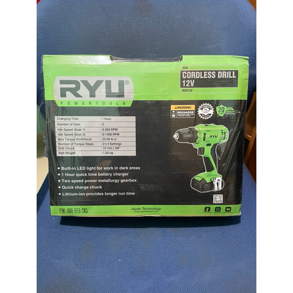 Mesin bor Ryu 2 baterai 10mm 12v ORIGINAL
