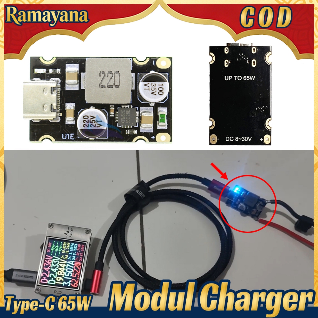 Modul Charger Type C PD 65W Fast Charging Module DC to Type-C Input 12V-30V PD 3.1 QC3 Kompatibel Un