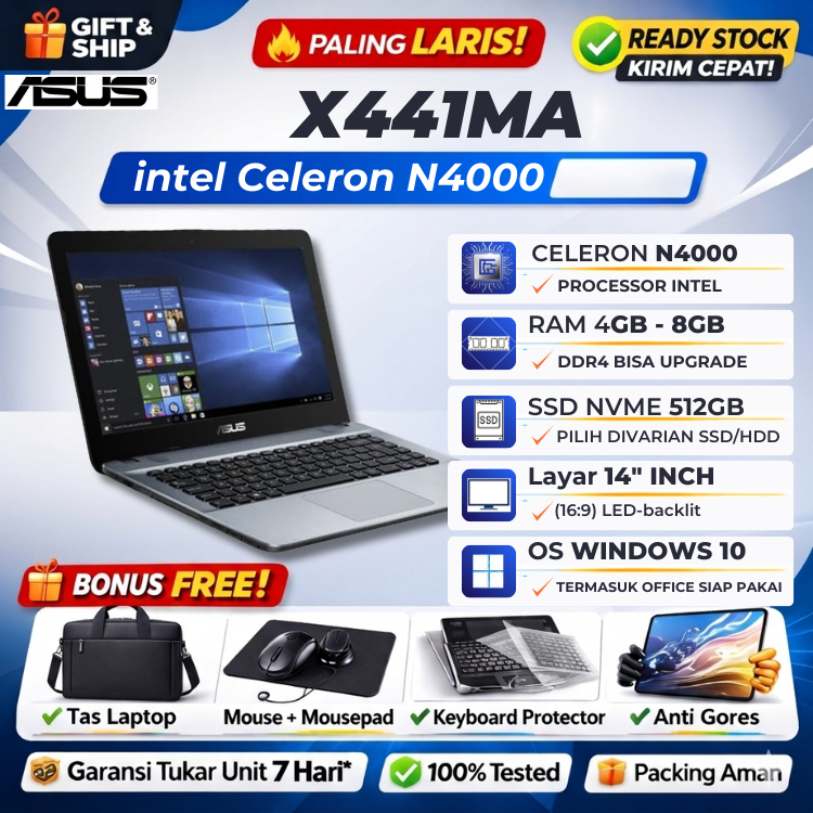 ASUS X441MA Celeron N4000 8GB 512GB SSD Win10 + Office 14" INCH DVDRW intel UHD