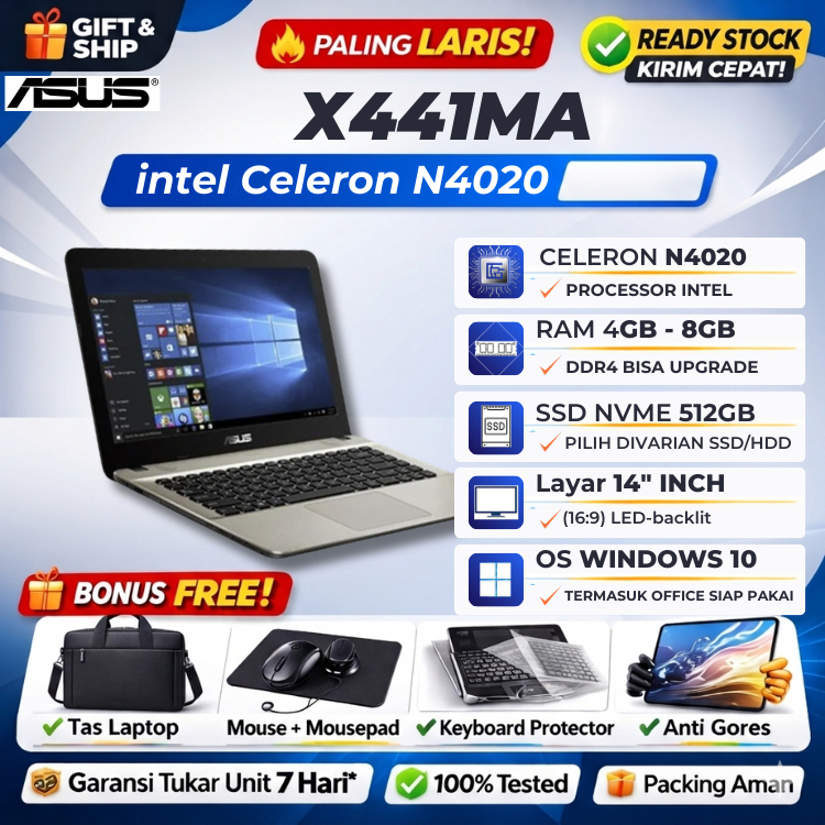 ASUS X441MA N4020 8GB 512GB SSD Win10 + Office 14" INCH intel UHD DVDRW