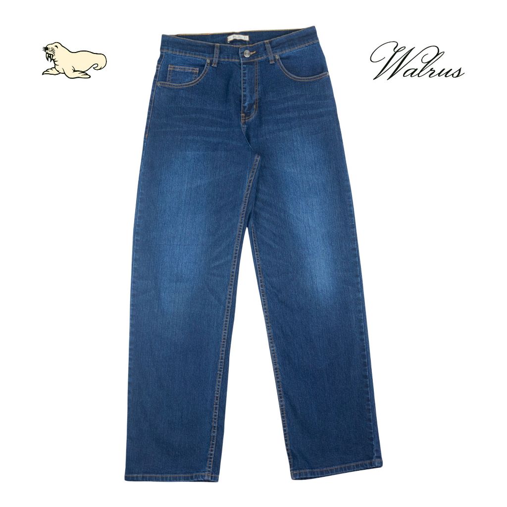 Walrus Signature Denim Pant Straight Fit Celana Jeans Pria Blue Bio Wash with Leather Accent G80026B