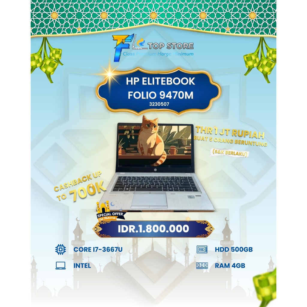 LAPTOP HP ELITEBOOK FOLIO 9470M INTEL CORE I7-3667U RAM 4GB HDD 500GB