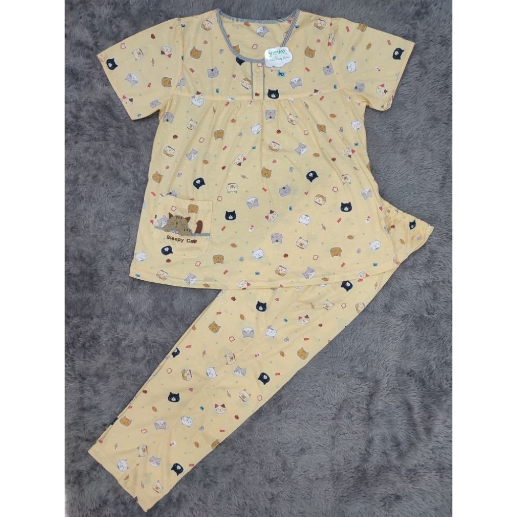 Setelan Yumico original baju tidur lengan pendek Celana panjang bahan kaos ukuran standar