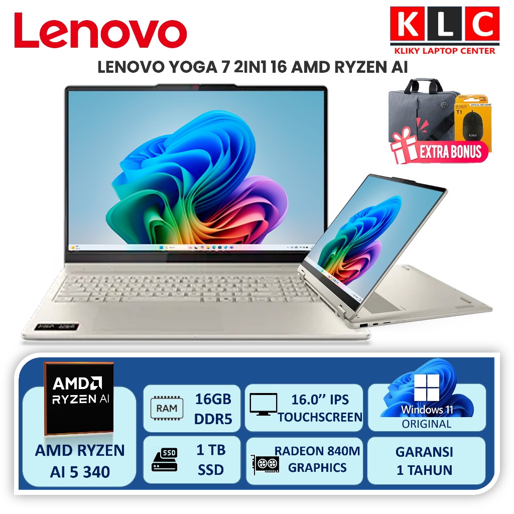 Lenovo Yoga 7 2in1 16 AMD Ryzen AI 5 340 Ram 16GB SSD 1TB 16 Ips Touchscreen Seashell Laptop Baru