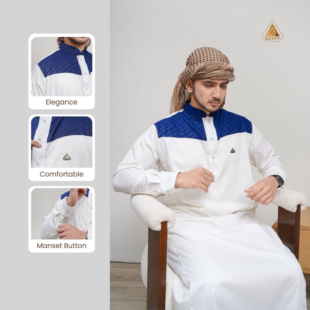 EgyptMuslim Thobe Pria Katun Kombinasi Batik Parang Emboss Jubah Muslim Pria Adem Nyaman Warna Putih