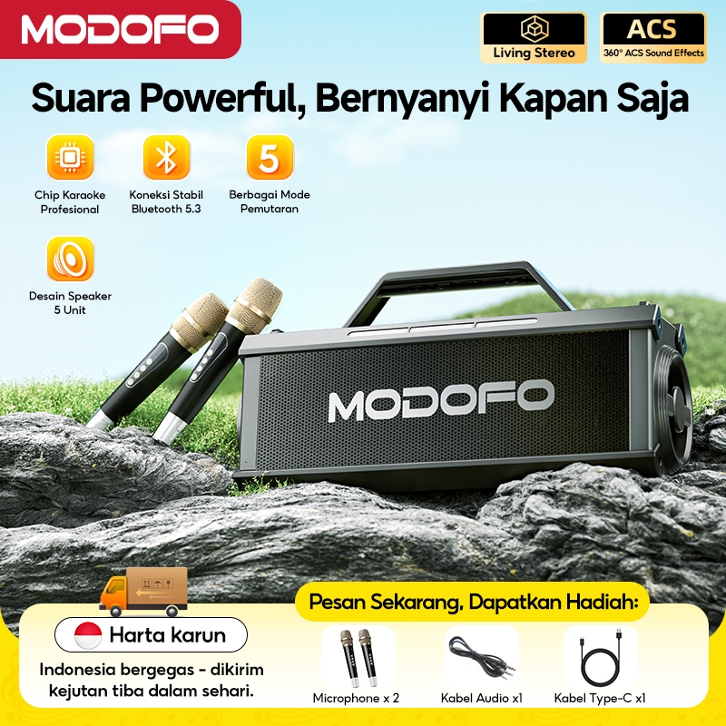 MODOFO Speaker Bluetooth Karaoke Advance 2 Mic Besar Set Lengkap Portabel Wireless Super BassGratis