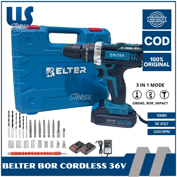 BELTER Mesin Bor Baterai 36 Volt Bor Tembok Cordless Drill Bor 2 Batre Set Lengkap
