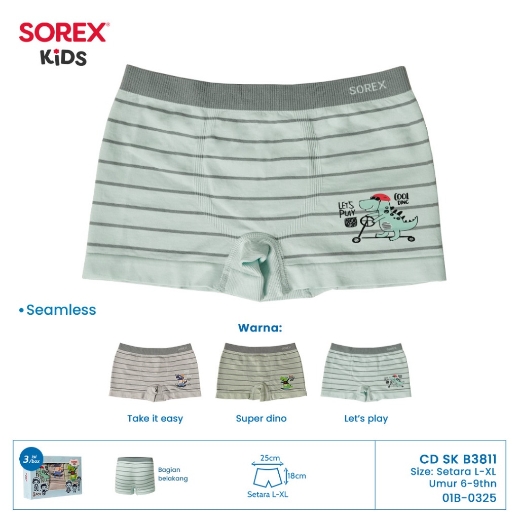 (1 Kotak 3 Pcs) Sorex Kids Boxer Anak Laki Usia 5-7 Tahun SK B 3811 Celana Dalam Anak Laki Seamless