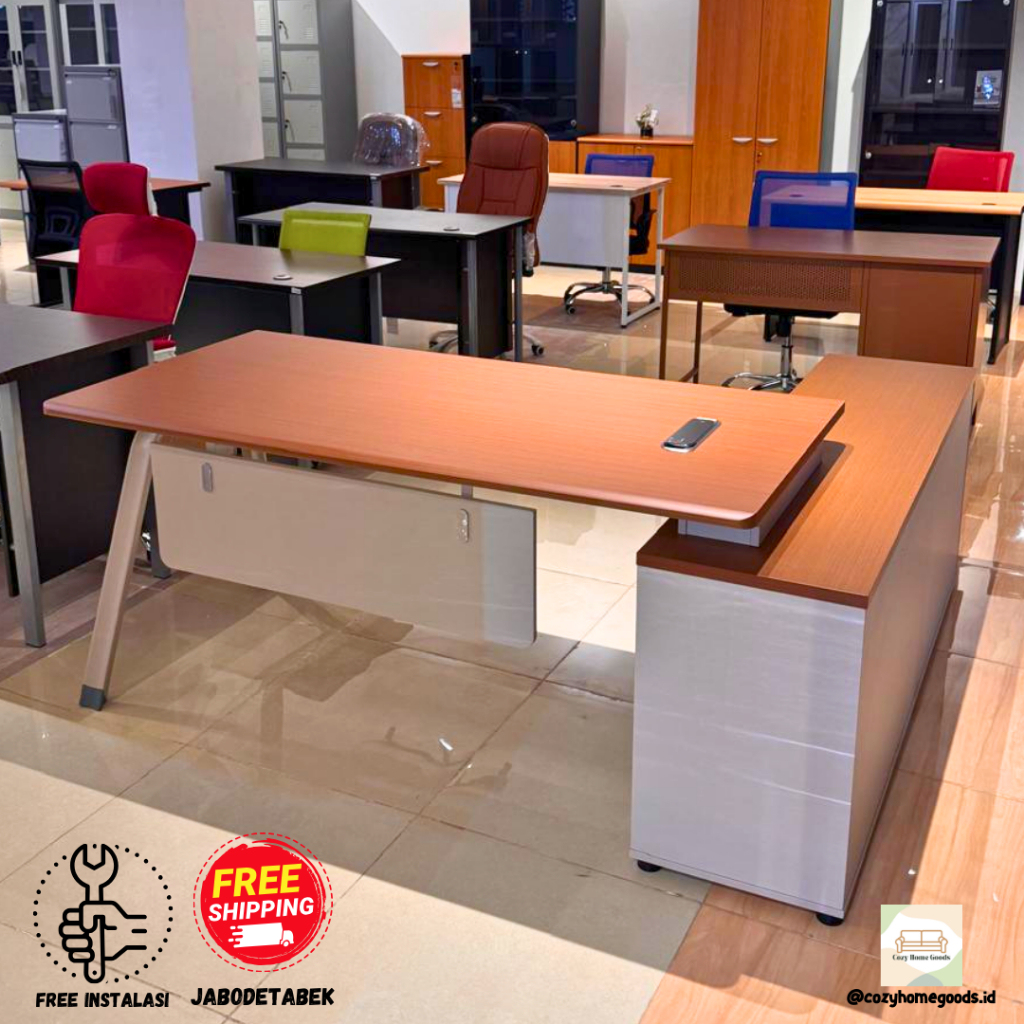 Meja Kantor/Kerja Letter L - Meja Kerja Sudut Siku - Minimalis Kaki Besi - Meja Belajar Besar Laci