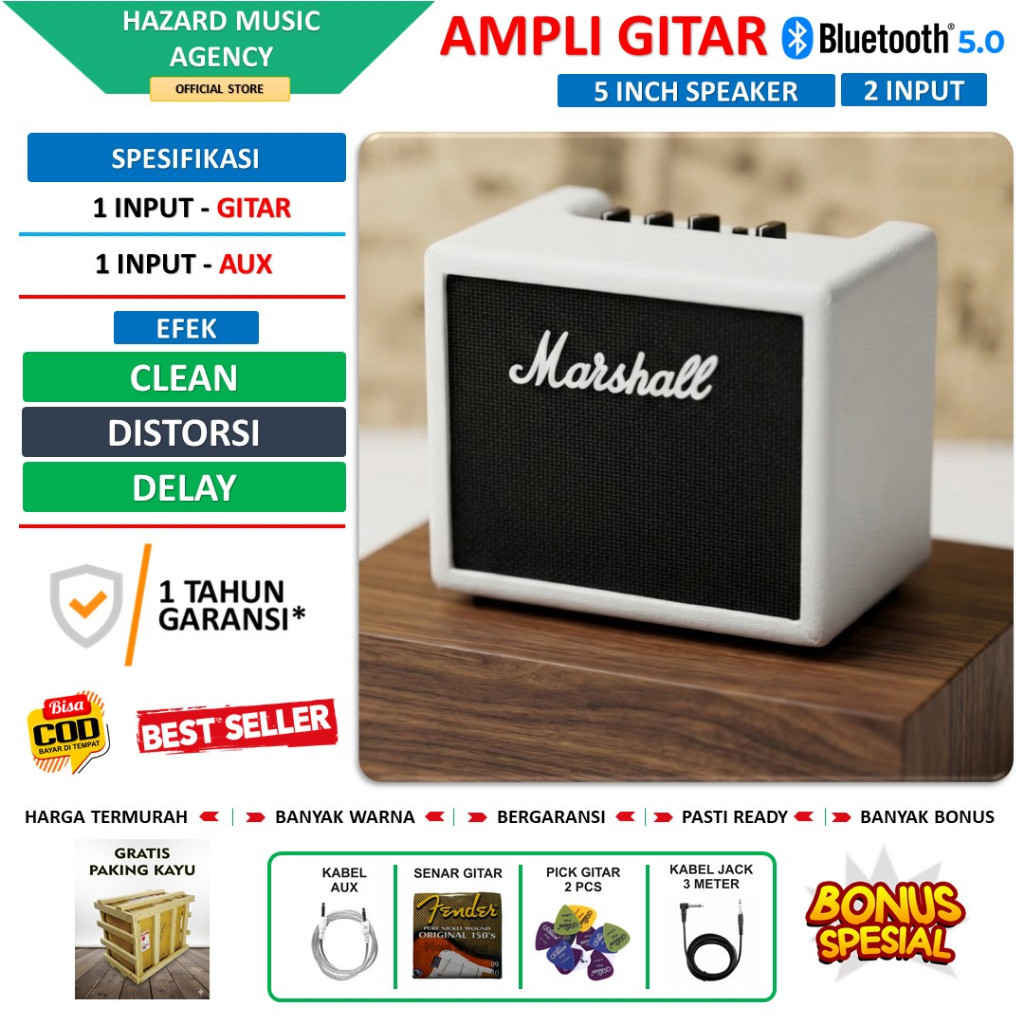 ampli gitar dan bass 5 inch bluetooth 2 Input marshall plus efek distorsi & aux bergaransi putih