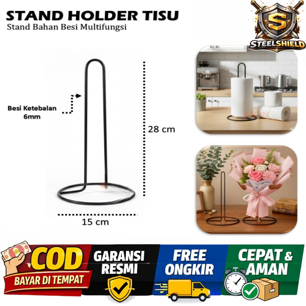 Stand Holder Tisu Dapur Besi Hitam – Tempat Tisu Roll Dapur Minimalis Anti Karat