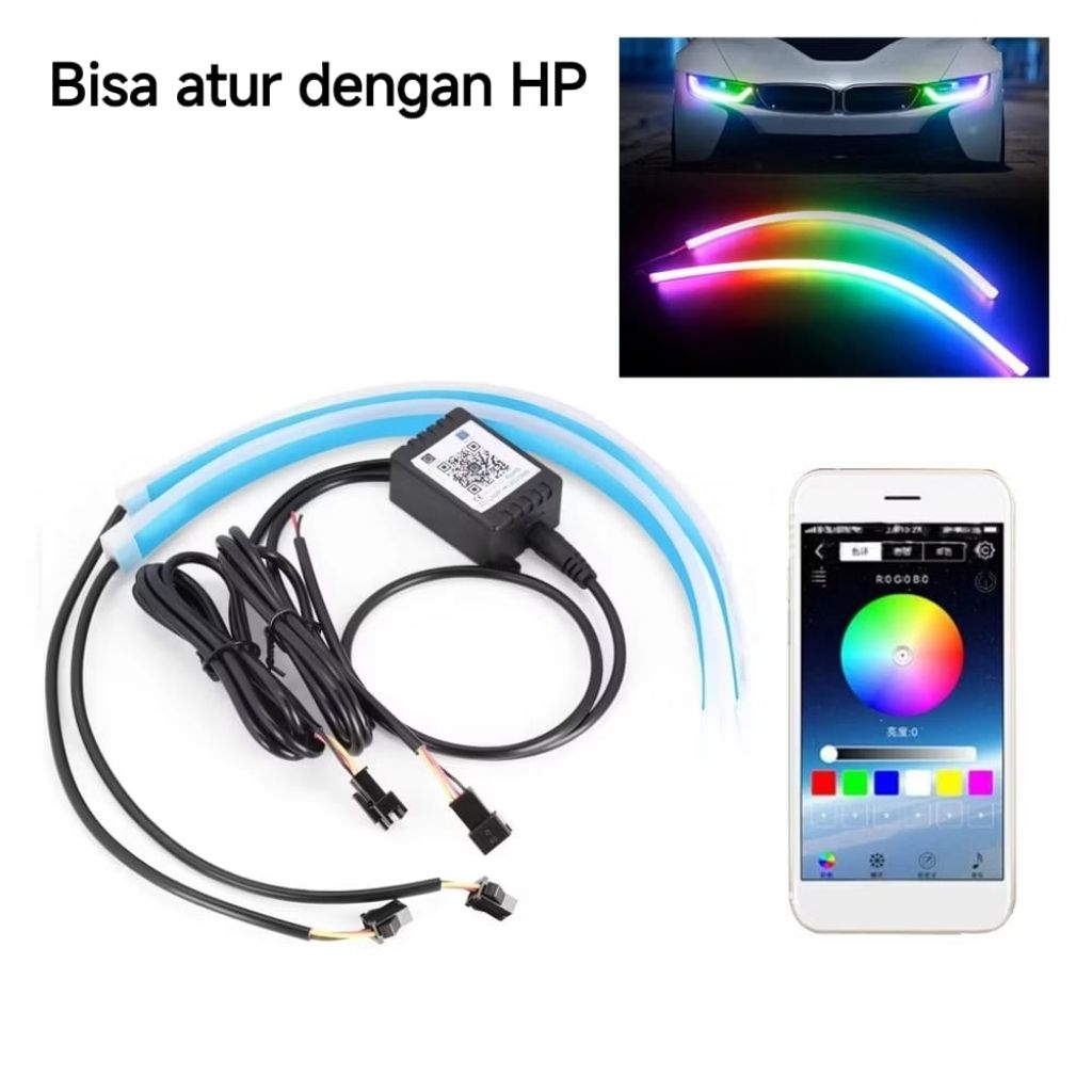 1 Pasang Lampu LED DRL RGB Bluetooth Mobil App dan Remot